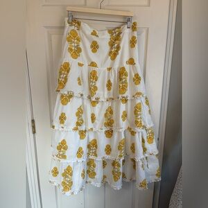 MNK White & Yellow Floral Tiered Maxi Skirt (XL)
